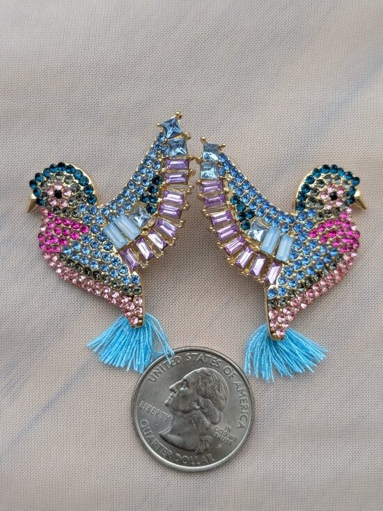 Accessories - Colorful Bird Statement Earrings | Rhinestone Gold Tone | Boho Glam